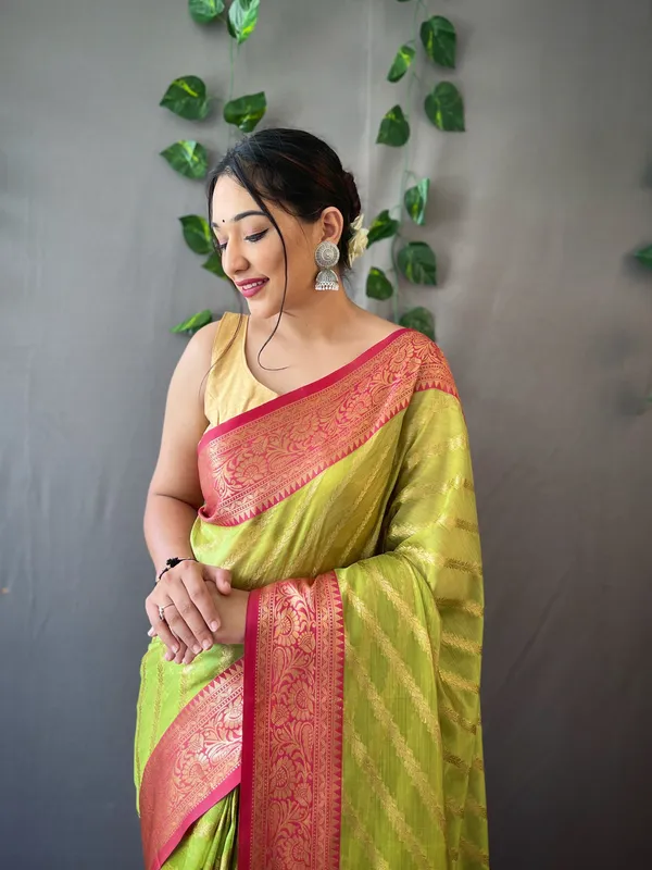 Parrot_Green_Pure_Organza_Weaved_Leheriya_Saree_With_Blouse_Piece_Attached